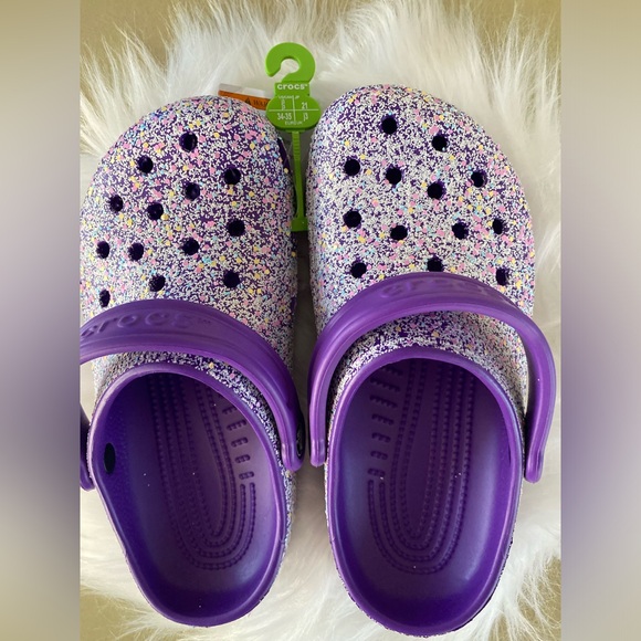 NWT Crocs classic glitter clogs sparkly purple slip ons Size J3 - Picture 2 of 11